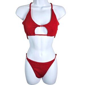 Zaful Womens Red Ribbed Cutout Bikini Set Size Small Tie Back Sexy Beach Pool